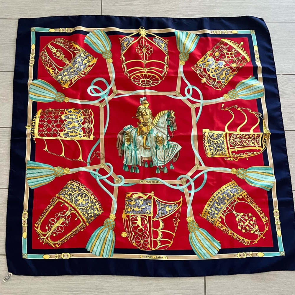Hermes Silk Scarf Carre 90 "LES MUSEROLLES" Blue, red and green Silk Scarf